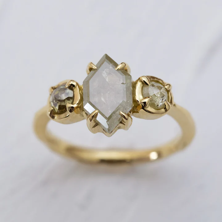 Three Stone Ring with Hexagonal Diamond