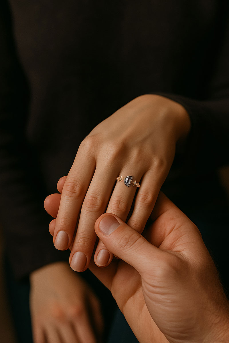 Close-up of a couple holding hands, showing an ileava engagement ring