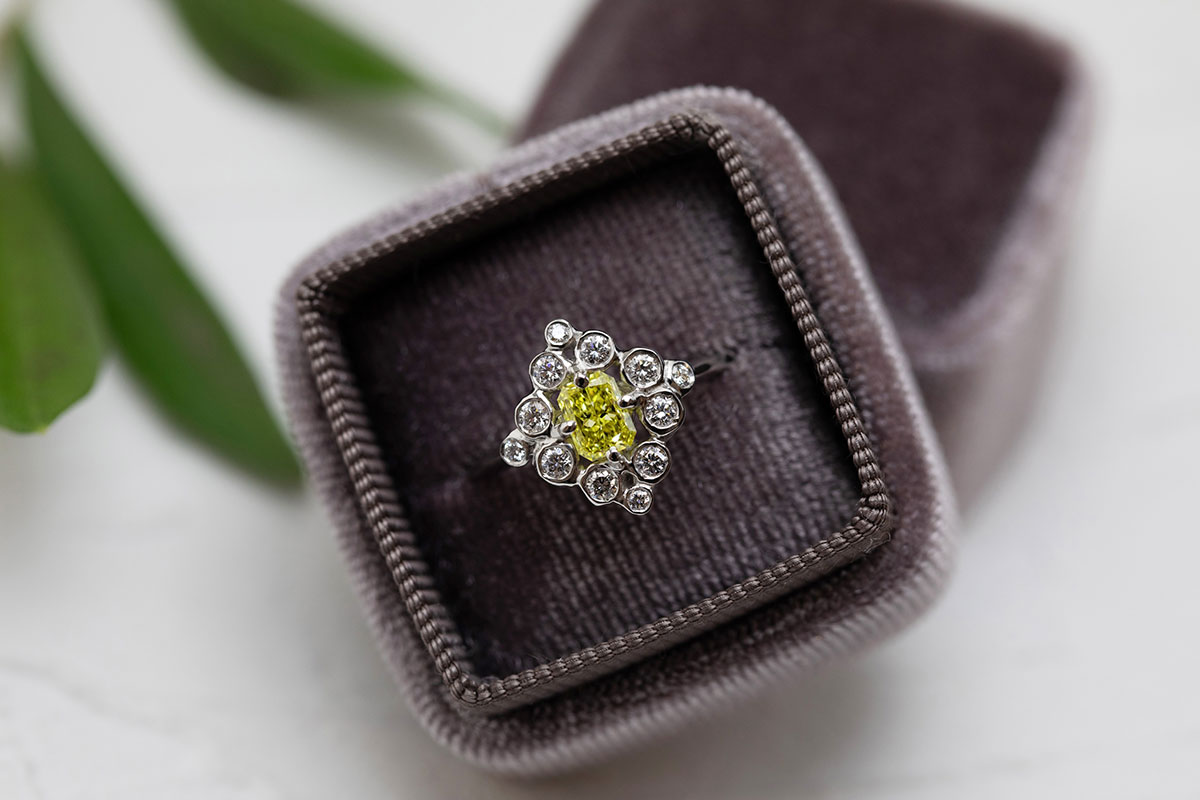 One-of-a-kind engagement ring in ileava jewelry’s signature box, ready for a proposal in Japan