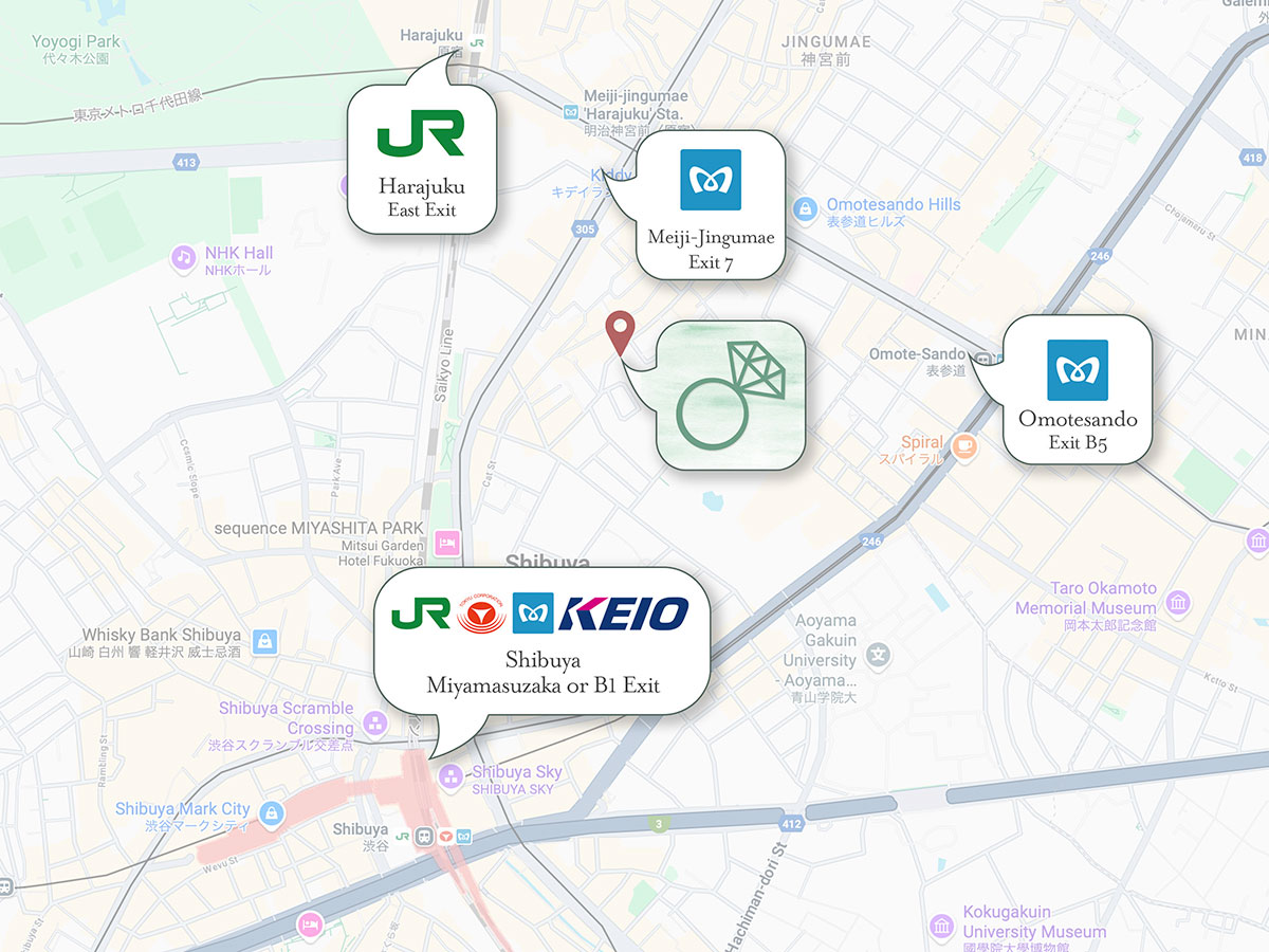 Simple walking map showing ileava jewelry between Omotesando, Jingumae, Harajuku, and Shibuya stations