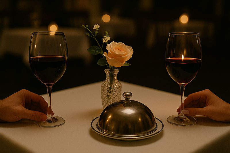 Candlelit table setting with two glasses and a covered cloche at a fine restaurant