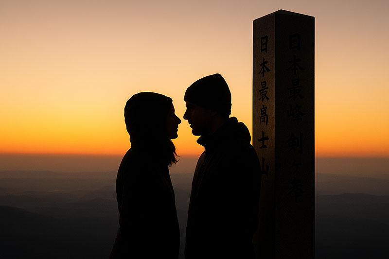 Silhouette of a couple at sunrise on Mt. Fuji with a warm horizon glow